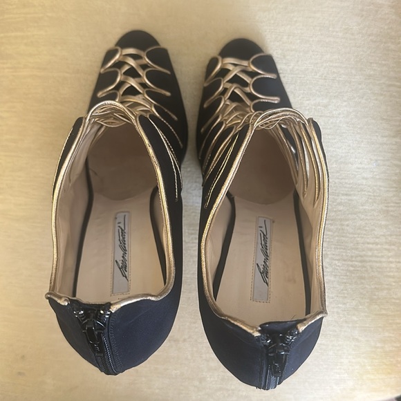 Brian Atwood Naiya Black and Gold Silk Crepe Peep-Toe High-Heel Bootie Size EU42 - Picture 9 of 16